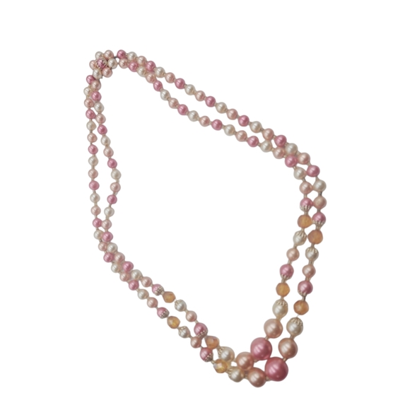 Pink & Cream Beaded Necklace with Floral Cluster Front Clasp - Picture 2 of 5